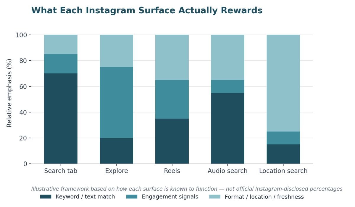 Stacked bar chart showing what each Instagram surface rewards: Search tab (keywords), Explore (engagement), Reels (mixed), Audio search (keywords), Location search (location/freshness)