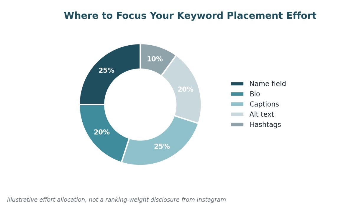 Donut chart showing where to focus keyword placement effort: Name field 25%, Captions 25%, Bio 20%, Alt text 20%, Hashtags 10%