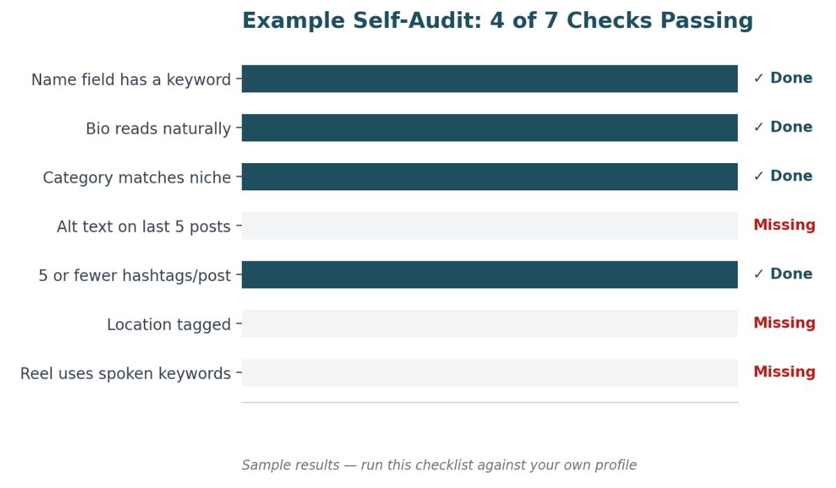 Example self-audit showing 4 of 7 checks passing: Name field, Bio, Category, Hashtags done; Alt text, Location, Reel keywords missing